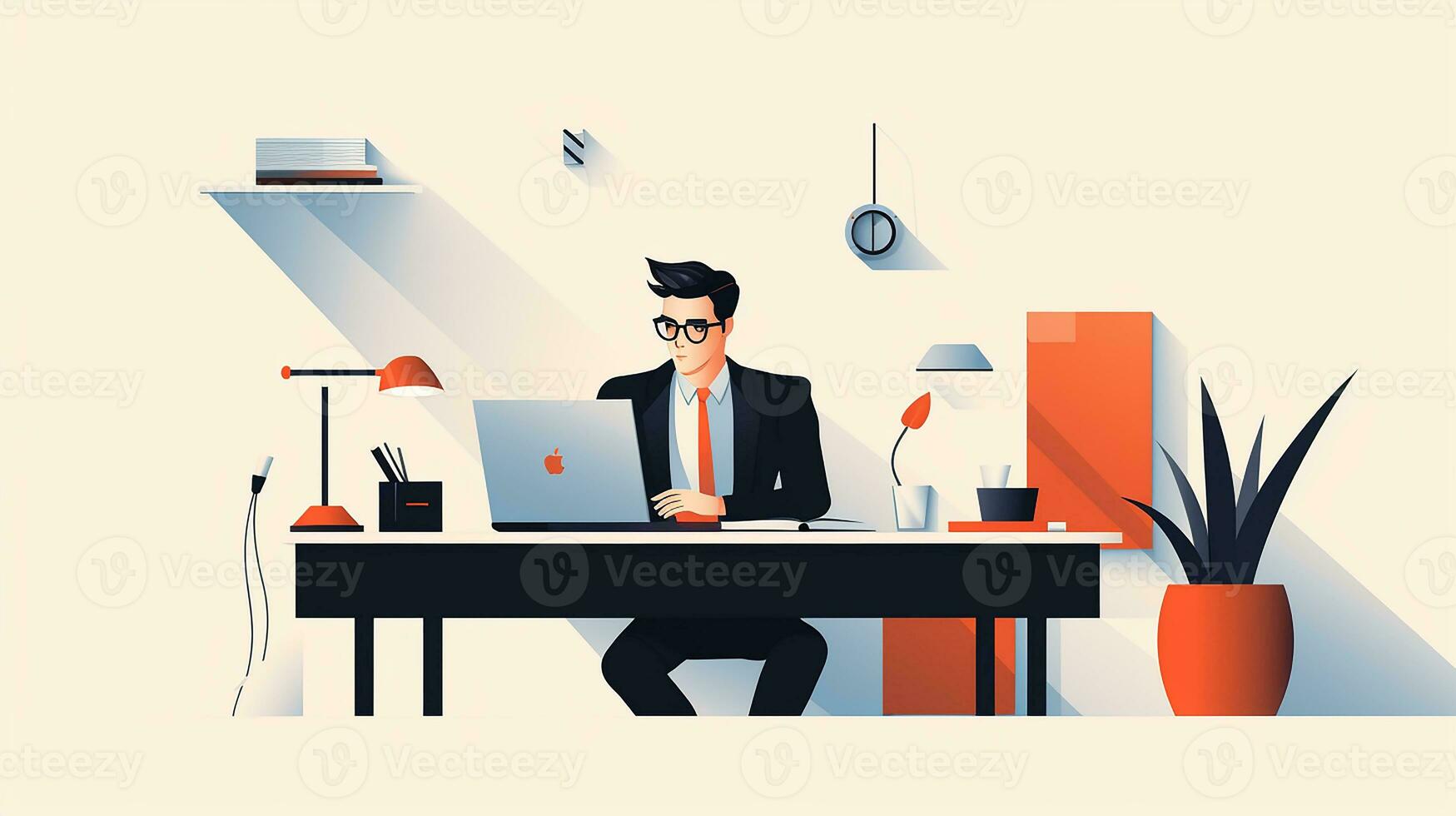 flat design of male worker working overtime and analyzing sales data in office. Generative AI photo