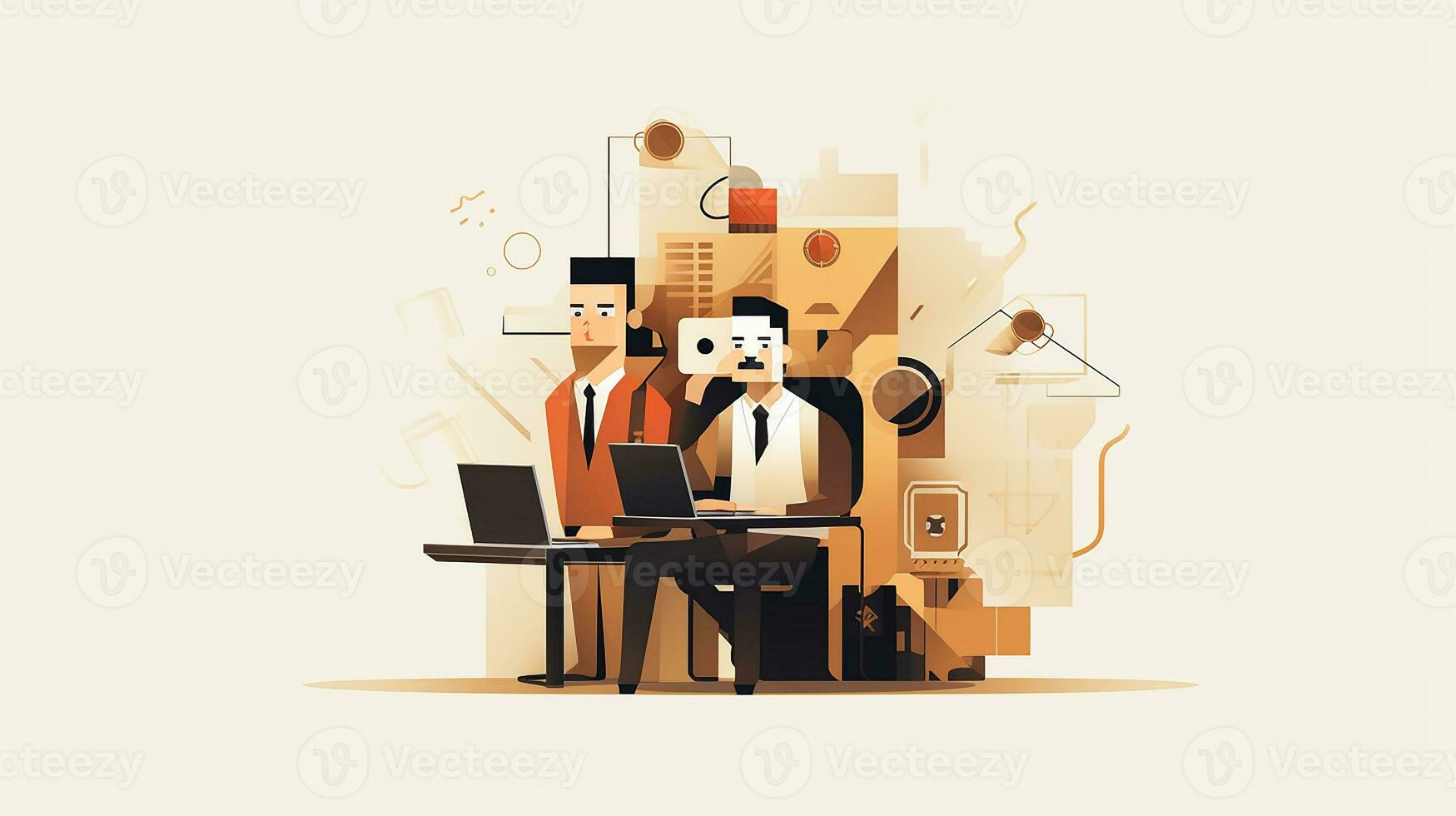 flat design of male worker working overtime and analyzing sales data in office. Generative AI photo