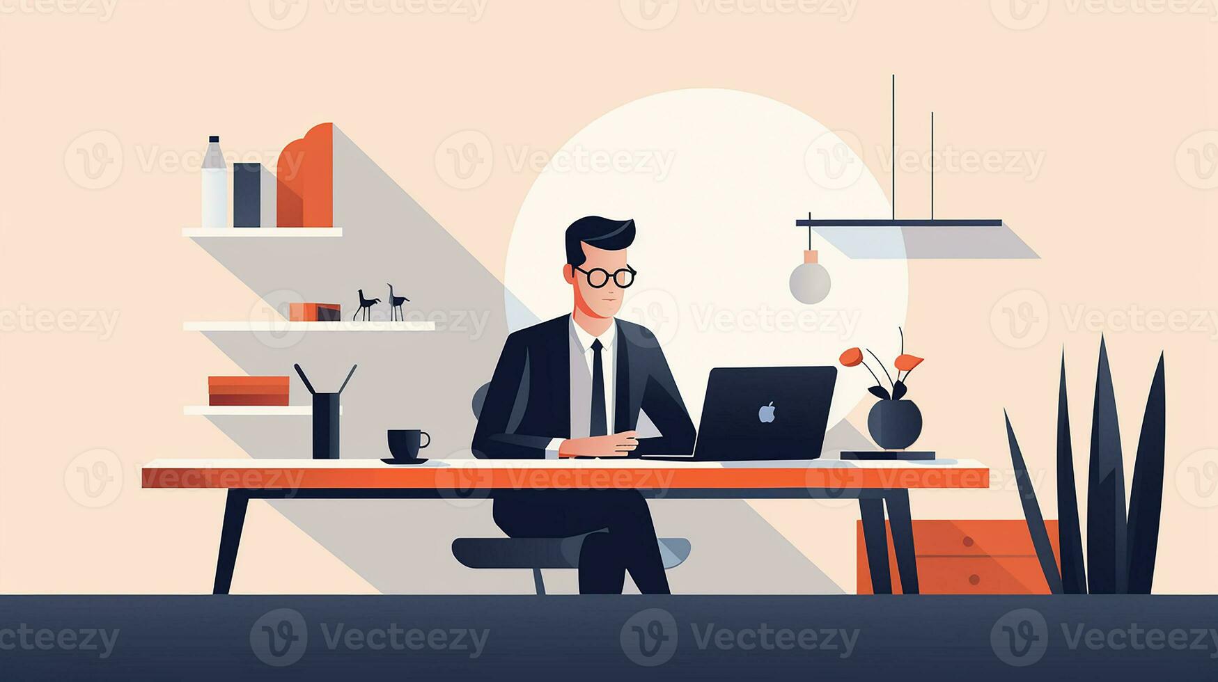 flat design of male worker working overtime and analyzing sales data in office. Generative AI photo