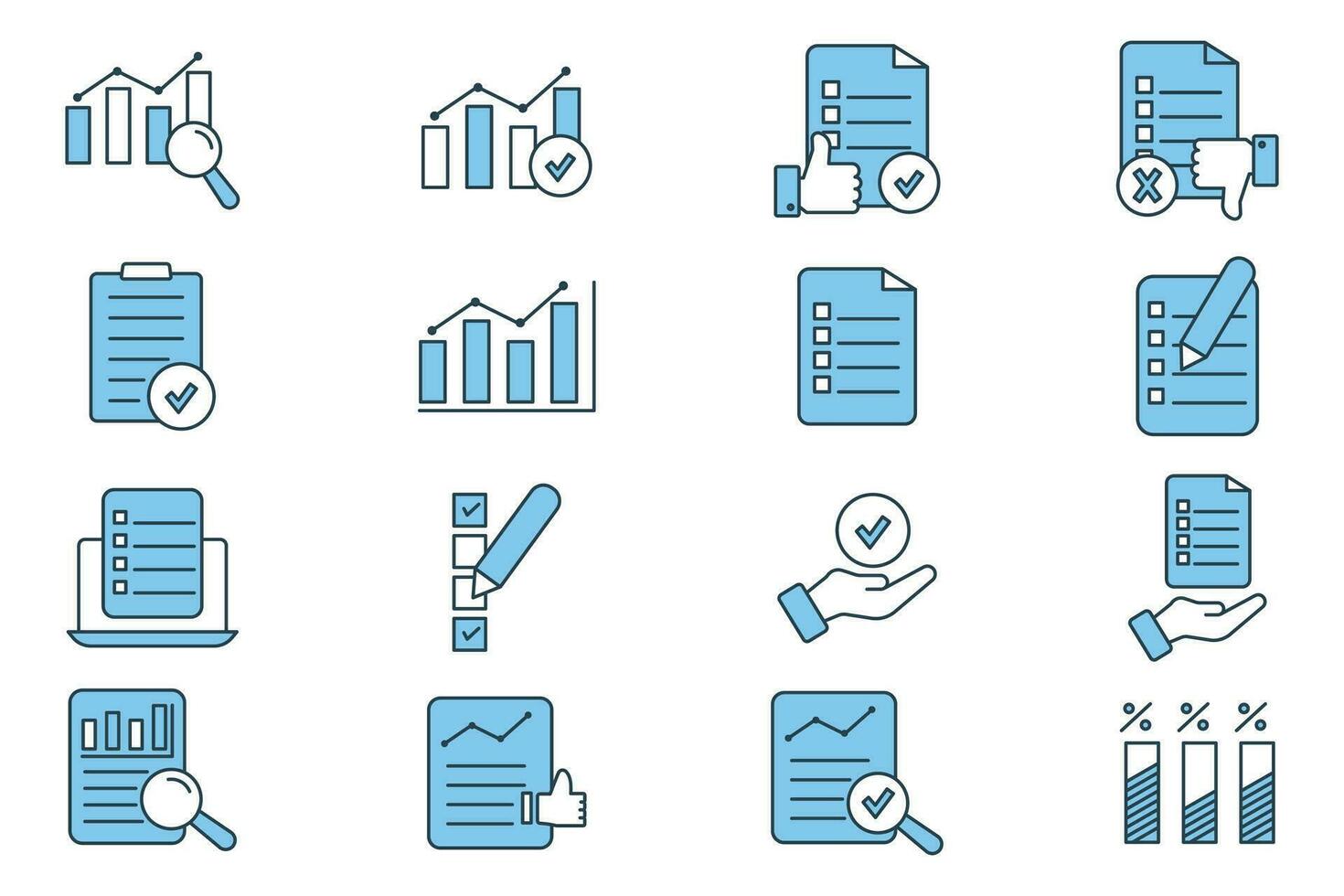 Survey set icon. Contains icons Checklist, graph, survey form, response, etc. suitable for web site design, app, user interfaces, printable etc. Flat line icon style. Simple vector design editable
