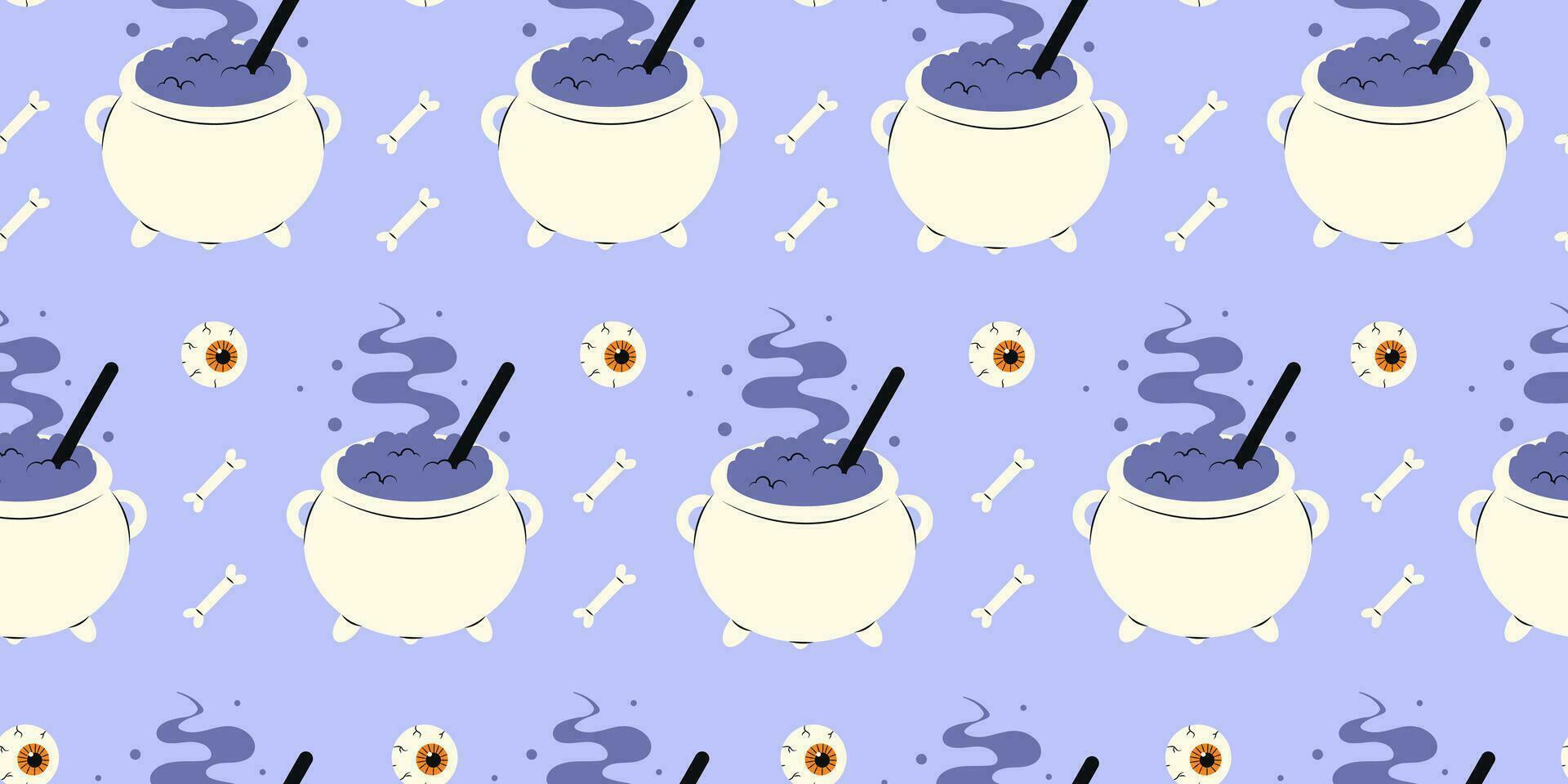 Cute Halloween seamless pattern with witchs cauldron, bones and human eyes on blue background. Halloween various elements. Pattern for print design. Vector stock illustration in cartoon style.