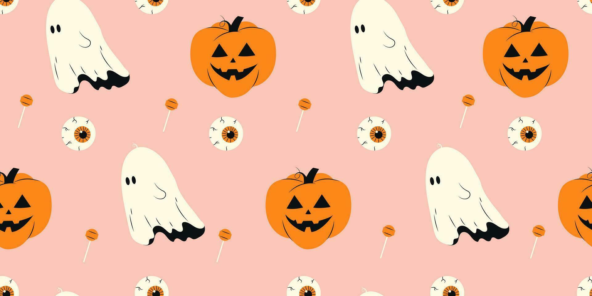 Cute Halloween seamless pattern with haunted pumpkin and eyes on pink background. Halloween various elements. Pattern for wrapping paper and print design. Vector stock illustration in cartoon style.