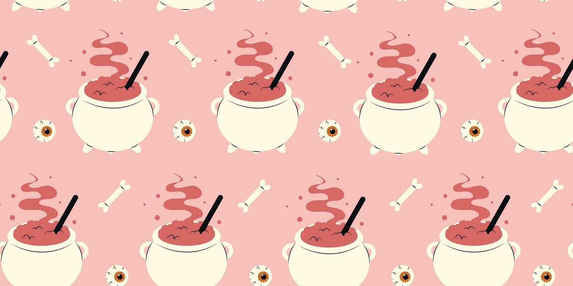 Cute Halloween seamless pattern with witchs cauldron, bones and human eyes on pink background. Halloween various elements. Pattern for print design. Vector stock illustration in cartoon style.