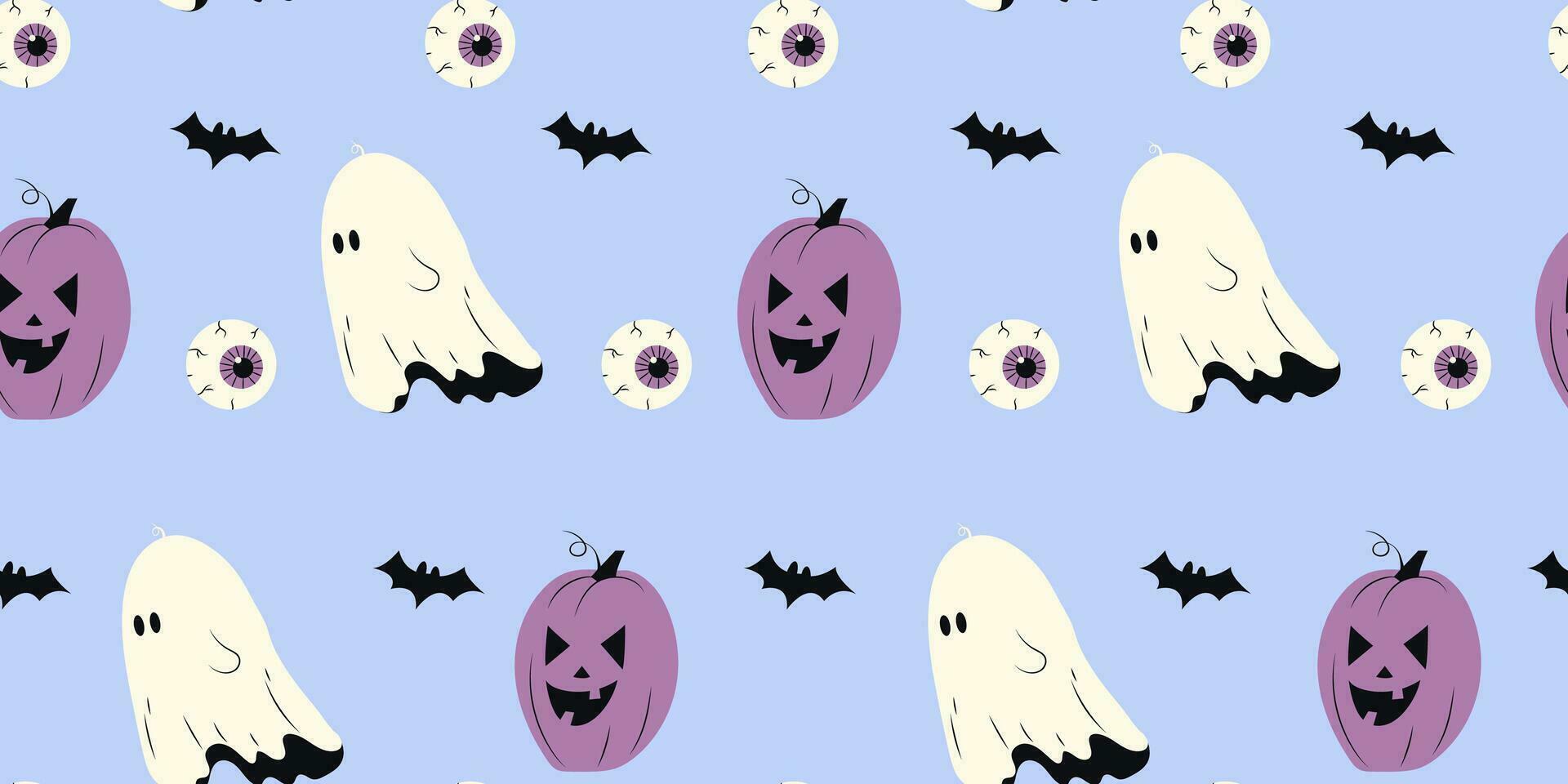 Cute Halloween seamless pattern with ghost, pumpkin and eyes on blue background. Halloween various elements. Pattern for wrapping paper and print design. Vector stock illustration in cartoon style.