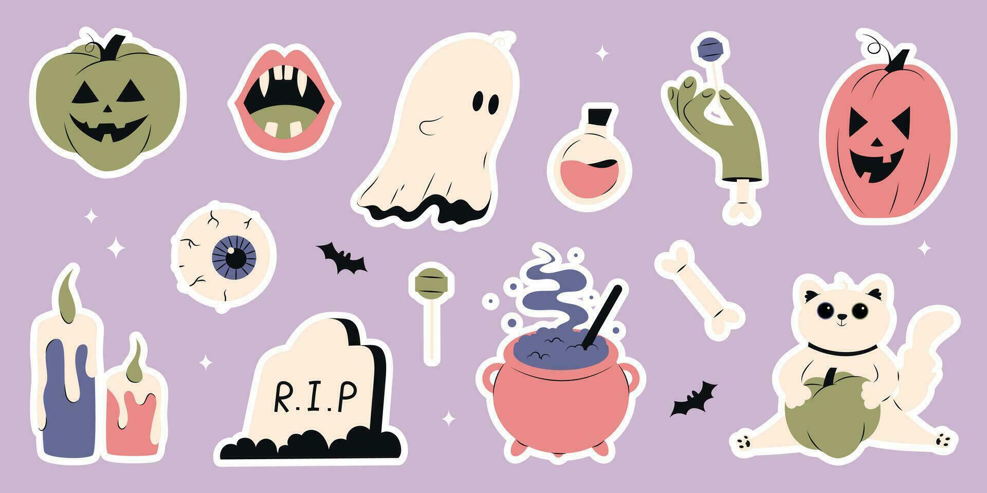 Cute stickers of happy halloween with different elements for design in cartoon style. Pumpkin, ghost, eye, witchs cauldron, candles, vampire fangs. Vector stock illustration, all elements are isolated