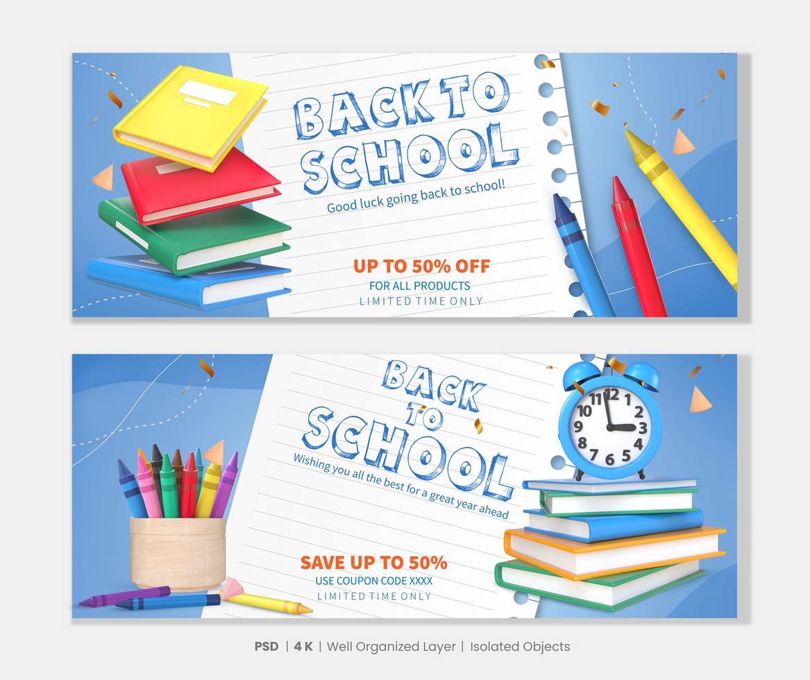 Back To School Banners Set With 3D Rendering School Objects psd