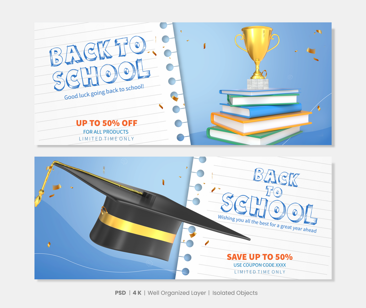 Back To School Banners Set With 3D Rendering School Objects psd