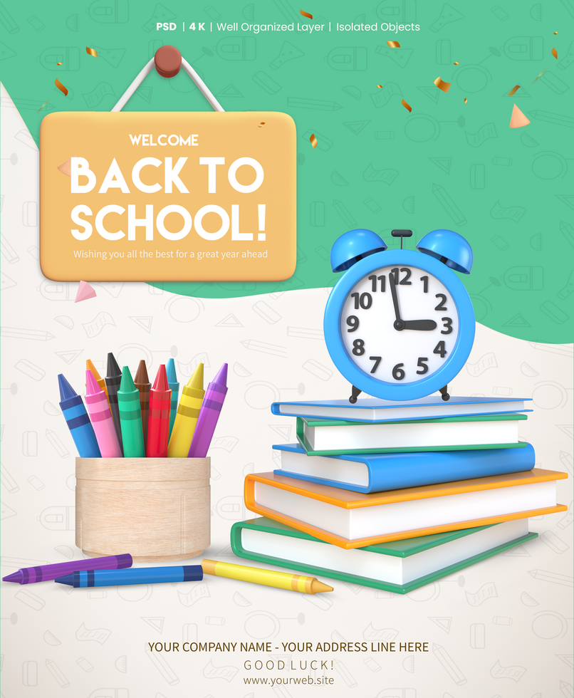 terug naar school- poster sjabloon met 3d renderen stack van boeken alarm klok en krijt kleuren psd