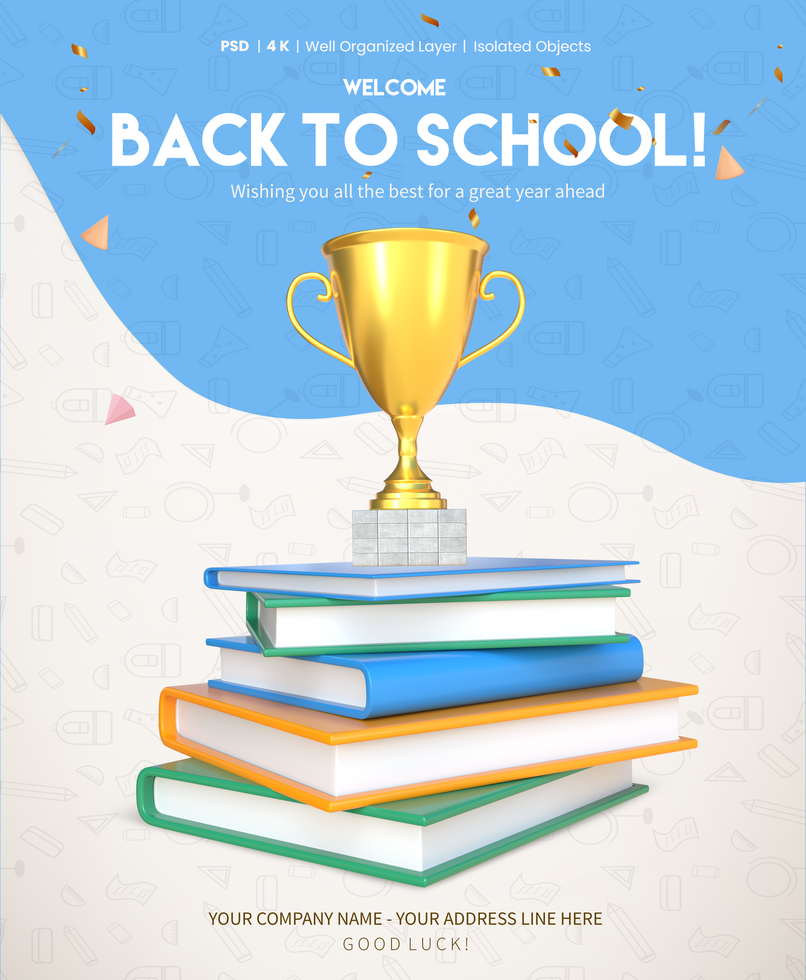 Back To School Poster Template With 3D Rendering Stack Of Books With Golden Trophy psd