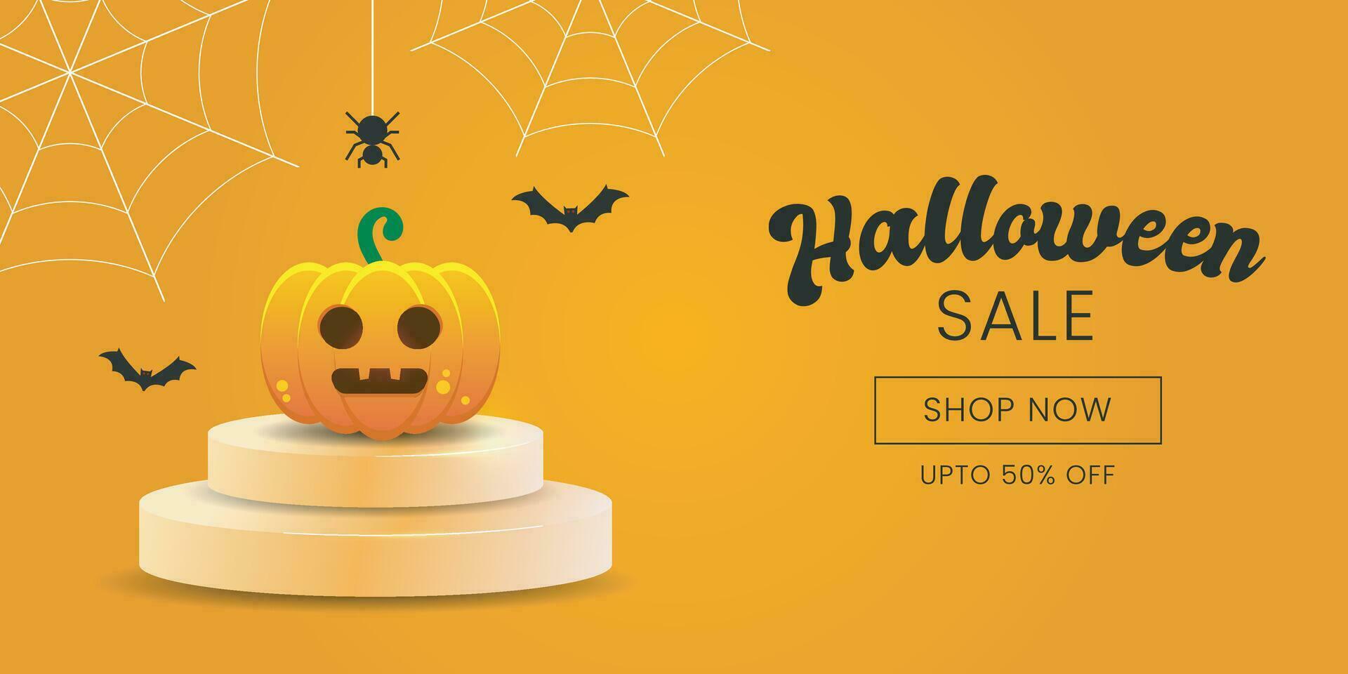 Happy Halloween Sale Post or Banner for Halloween Festival on Orange background with Pumpkins on a Podium, Spiders and Bats. Halloween Sale. vector