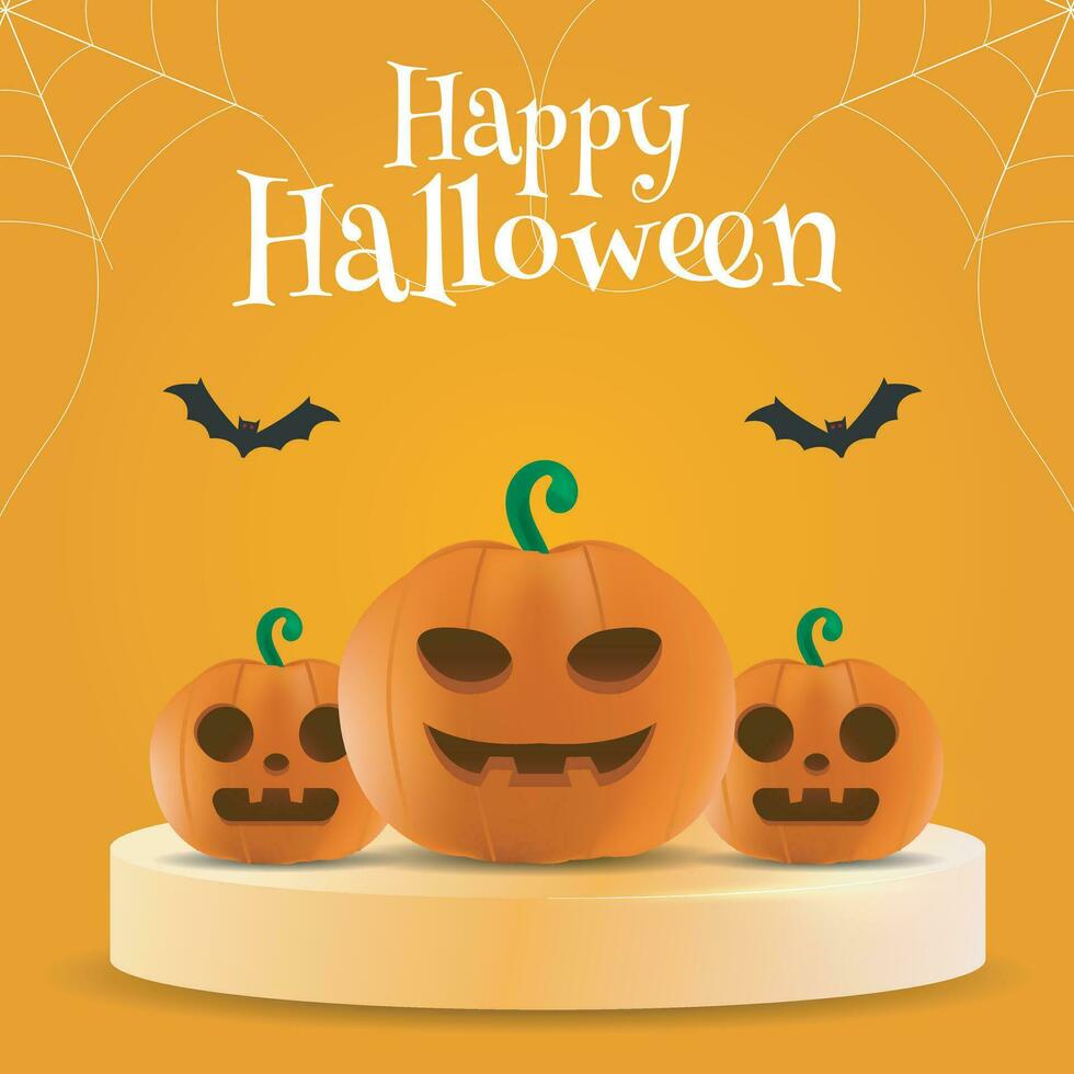 Happy Halloween Greeting Card, Post or Banner for Halloween Festival on Orange background with Pumpkins and Text Happy Halloween. vector