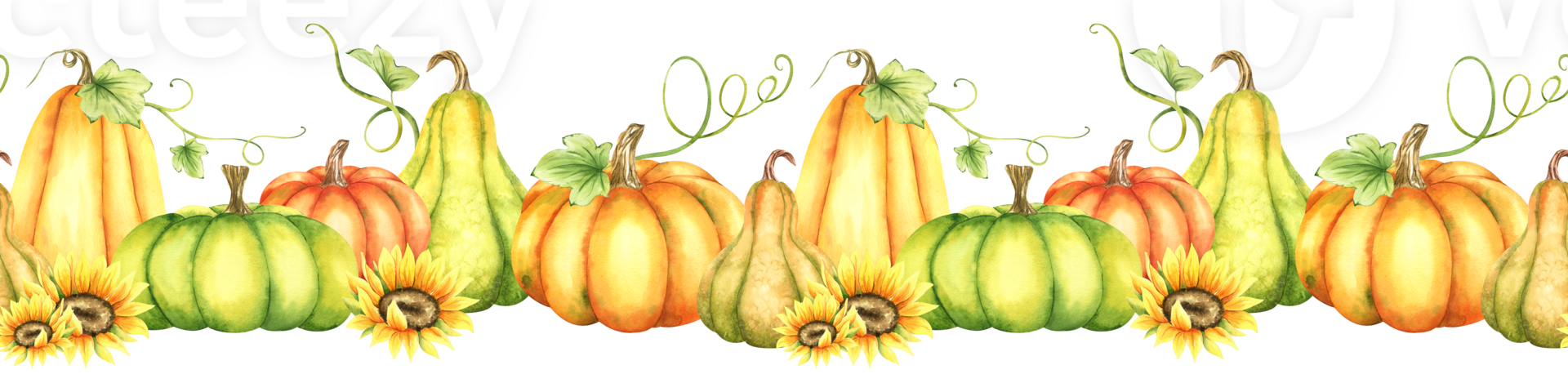 Orange and green pumpkins, sunflowers and leaves. Watercolor seamless border. Isoleted. Seasonal fall banner design for greeting, packaging or promotion. png