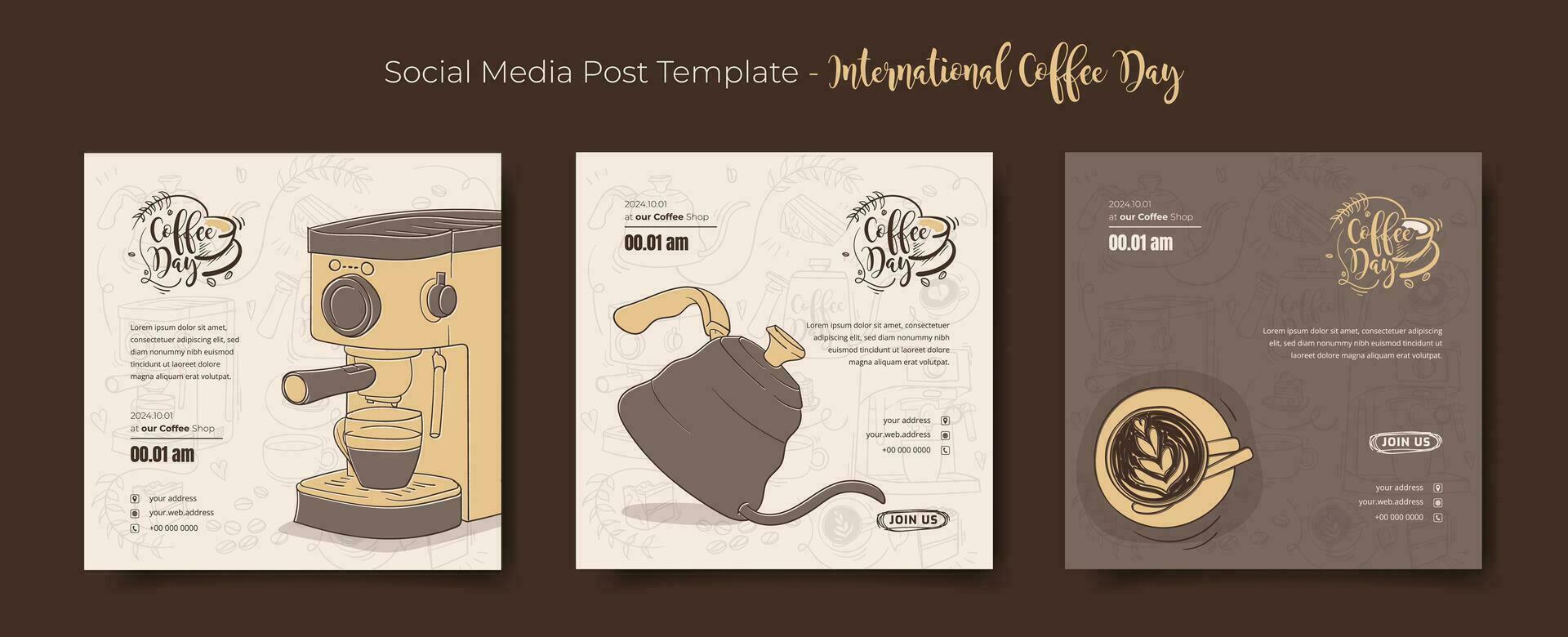 conjunto de social medios de comunicación enviar modelo con café equipo en mano dibujado diseño para café día Campaña vector