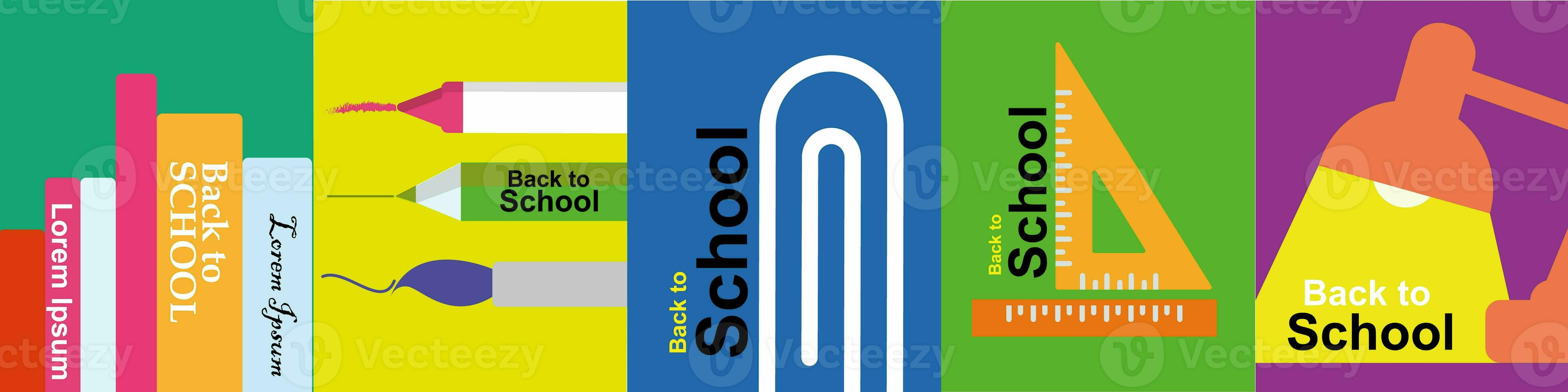 School backgrounds. A pile of books, stationery, a desk lamp, a paper clip. illustrations set. Back to school. Elements and objects on school subjects, simple background for posters. photo