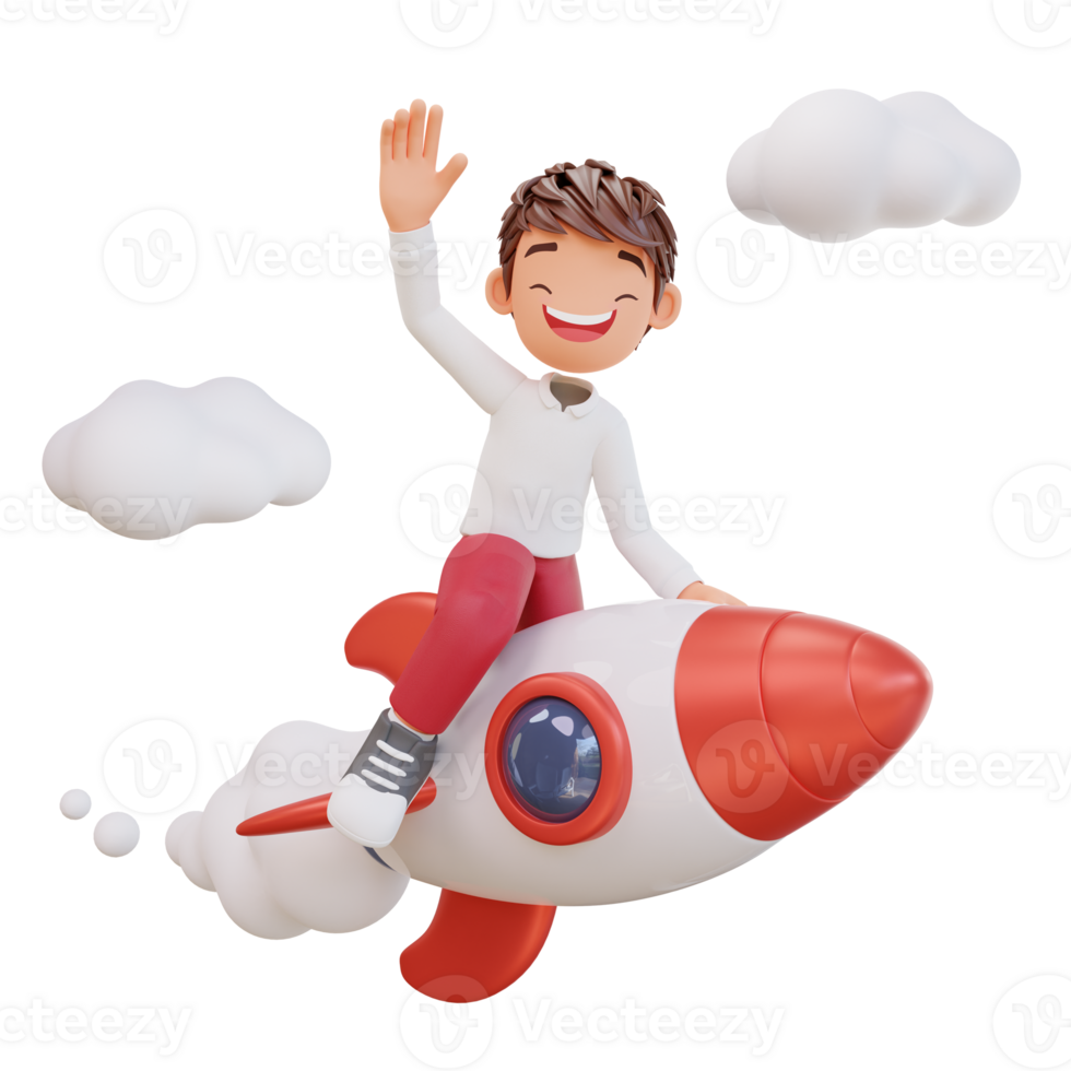 3d rendered cute student character is flying on a rocket png