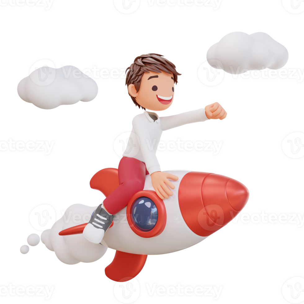 3d rendered cute student character is flying on a rocket png