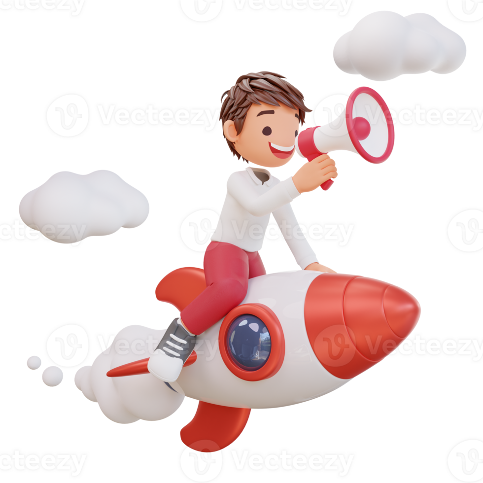 3d rendered cute student character is flying on a rocket png