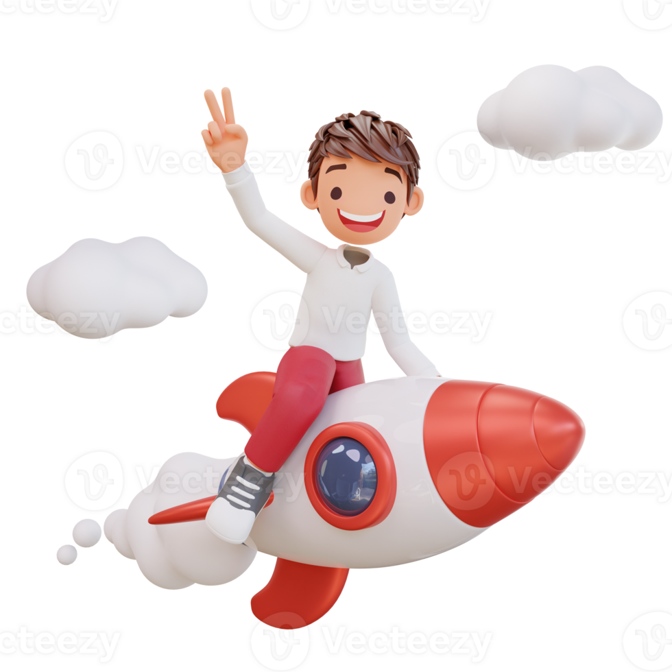 3d rendered cute student character is flying on a rocket png