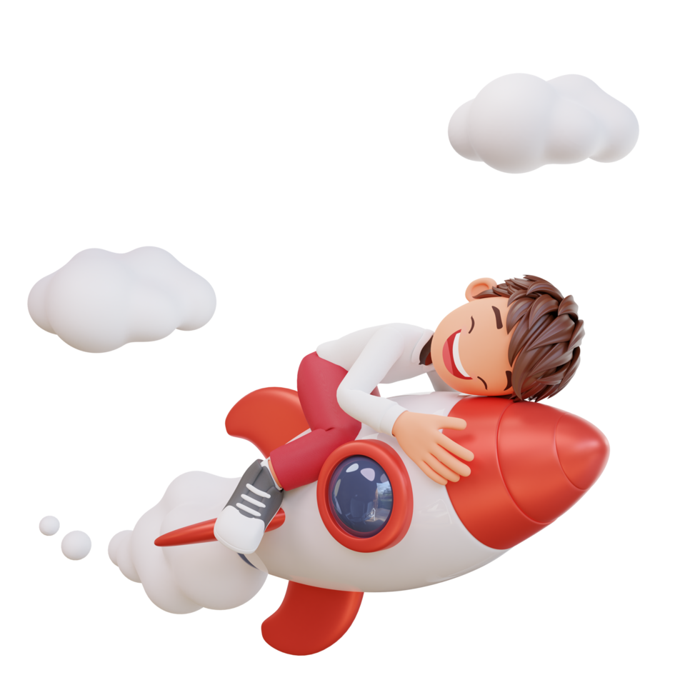 3d rendered cute student character is flying on a rocket png