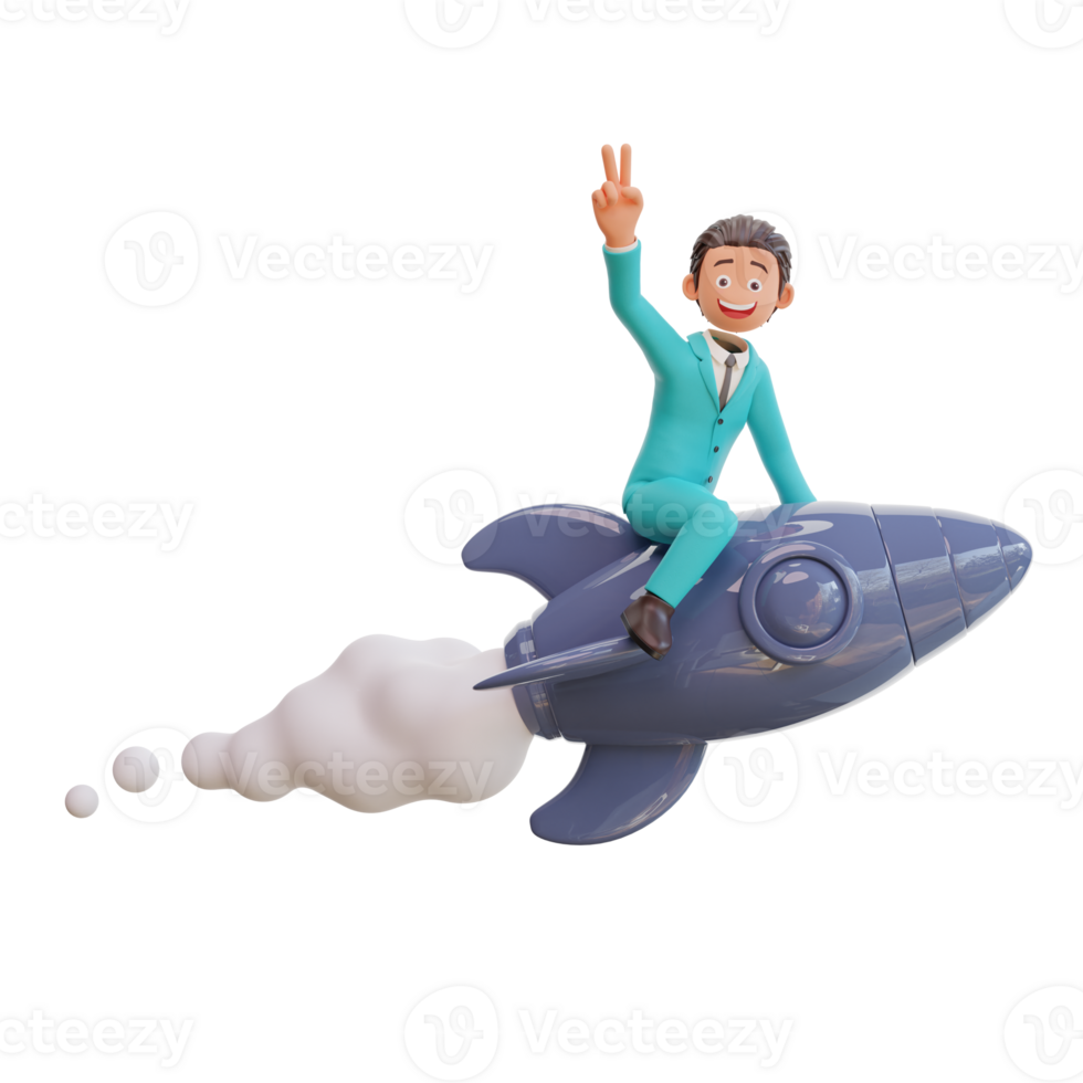 3d rendered cute businessman character is flying on a rocket png