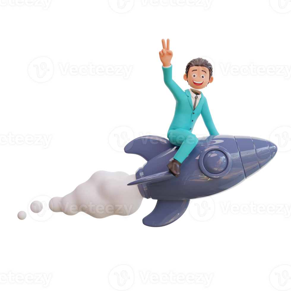 3d rendu mignonne homme d'affaire personnage est en volant sur une fusée png