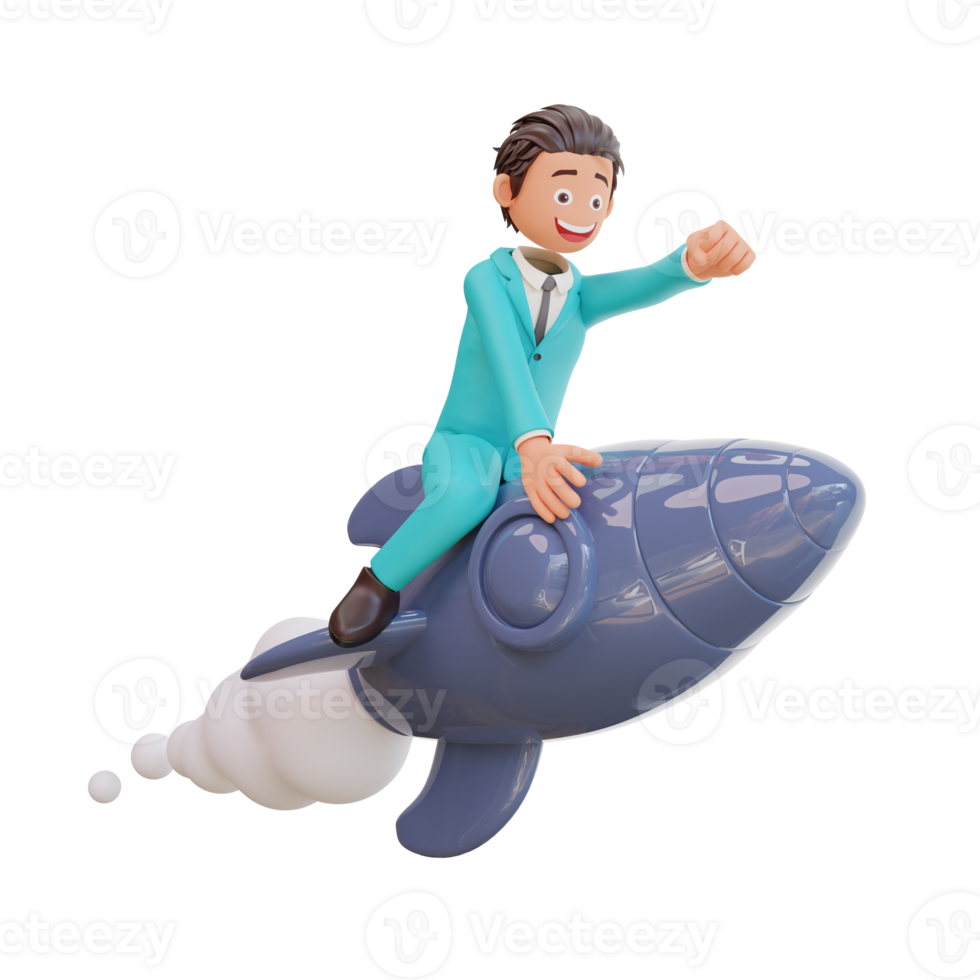 3d rendered cute businessman character is flying on a rocket png