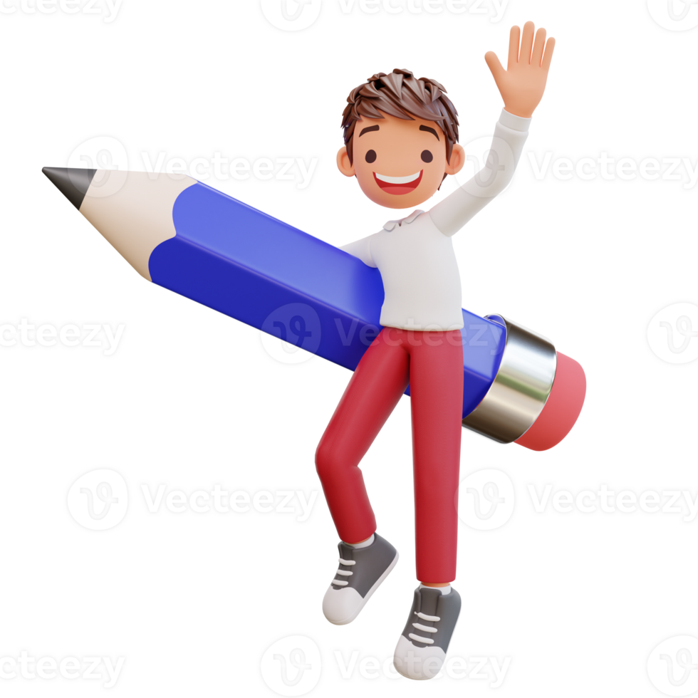 3d rendered cute student character is flying on a pencil png