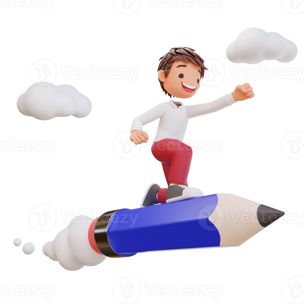 3d rendered cute student character is flying on a pencil png