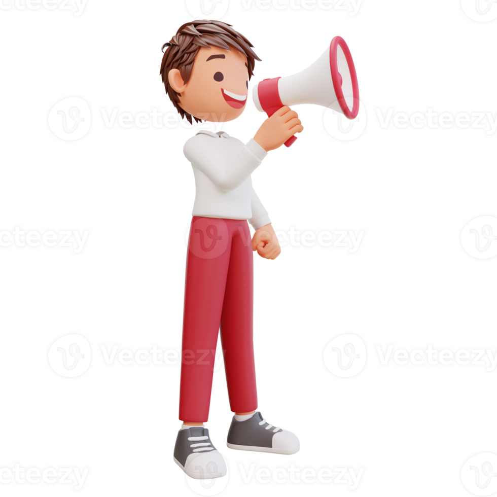 3d render cute student with megaphone png