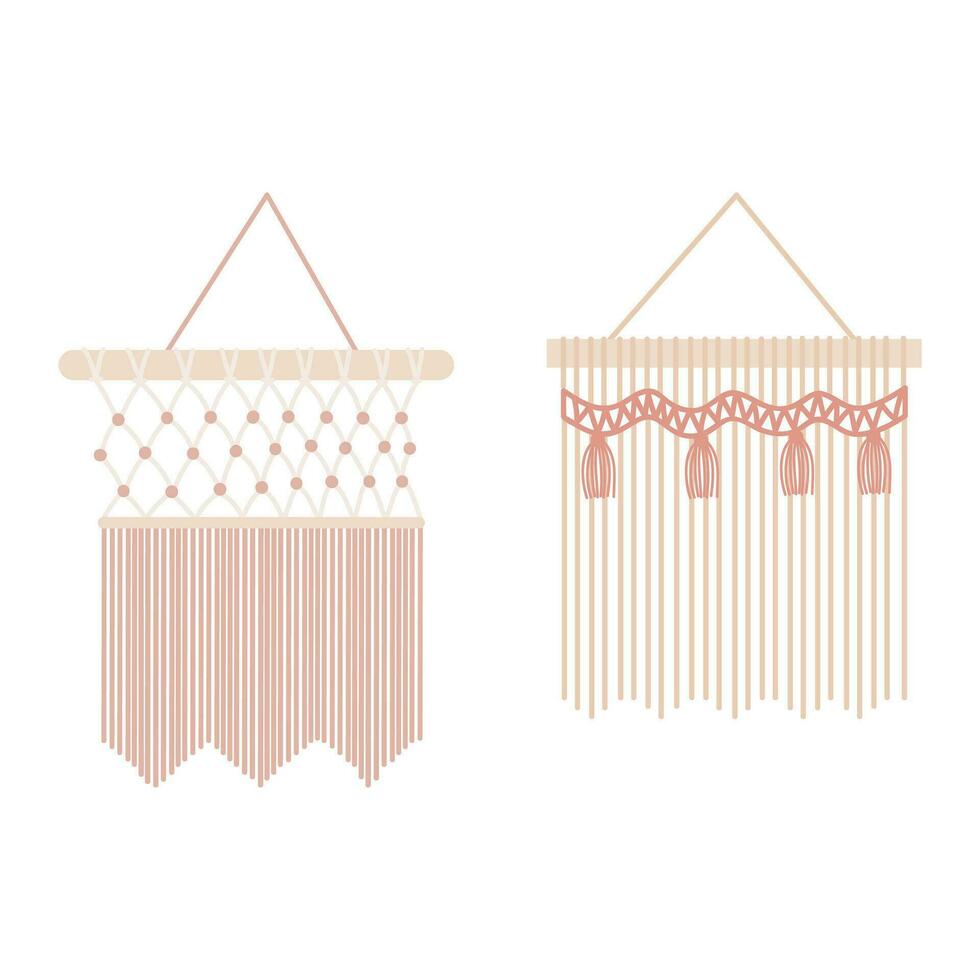 Handmade Macrame Wall Hanging Design Illustration. Macrame Wall Hangings Of Elegant Handmade Home Decoration Made Of Cotton Cord Isolated In White vector
