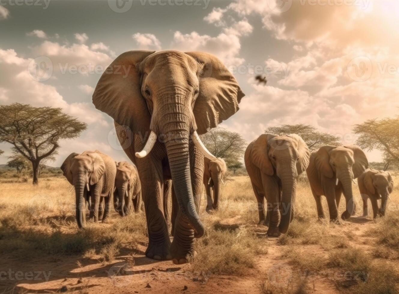 Elephant standing in front of intense sunset. Generative AI. photo