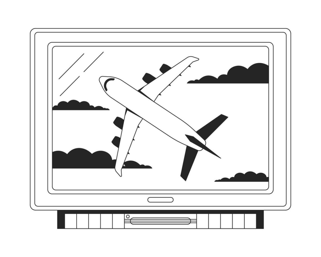 FIlm on tv flat monochrome isolated vector object. Flying plane on display. Editable black and white line art drawing. Simple outline spot illustration for web graphic design