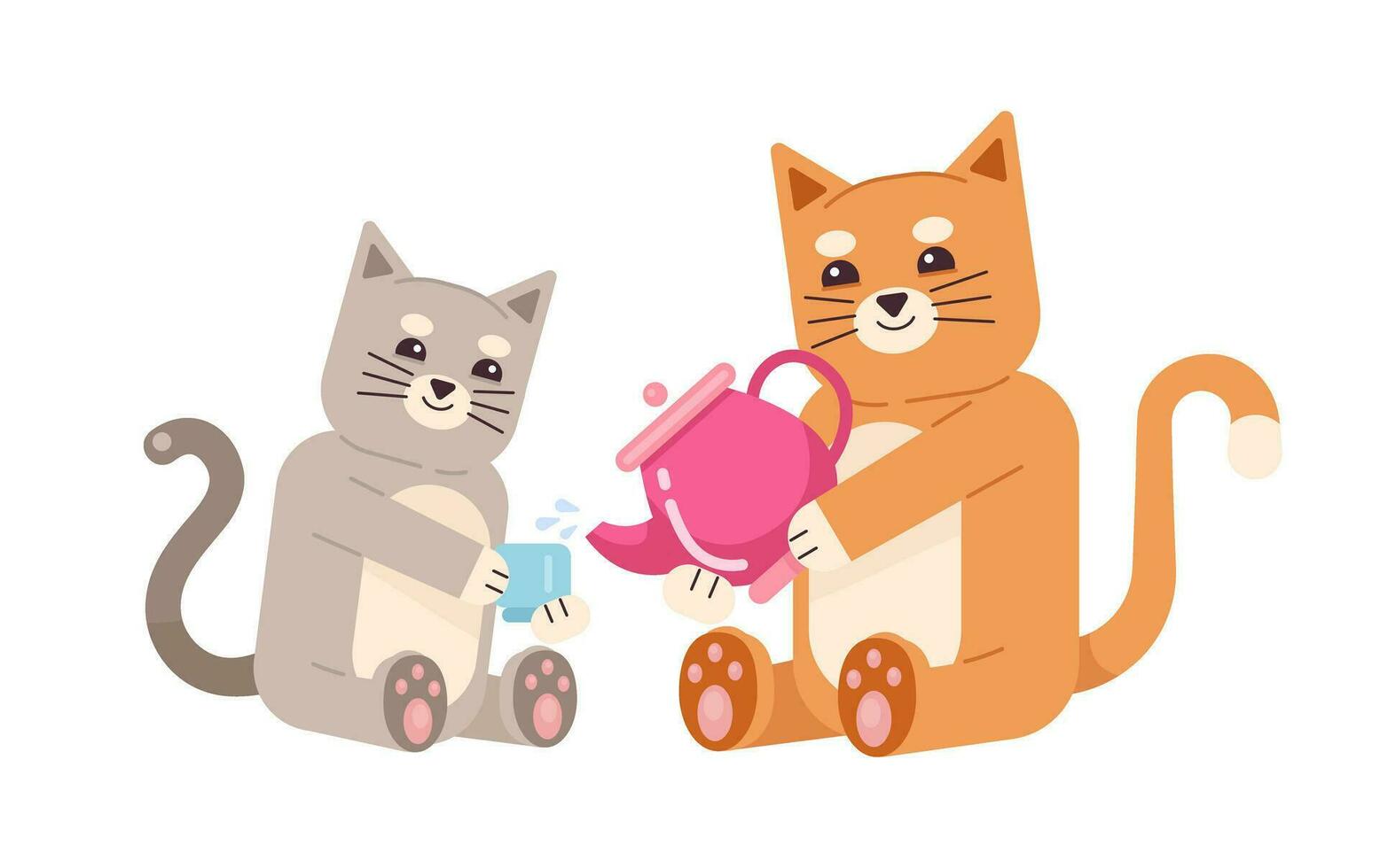 contento gatitos sentado semi plano color vector caracteres. té ceremonia. tetera y taza. sonriente mascotas. editable lleno cuerpo animal en blanco. sencillo dibujos animados Mancha ilustración para web gráfico diseño