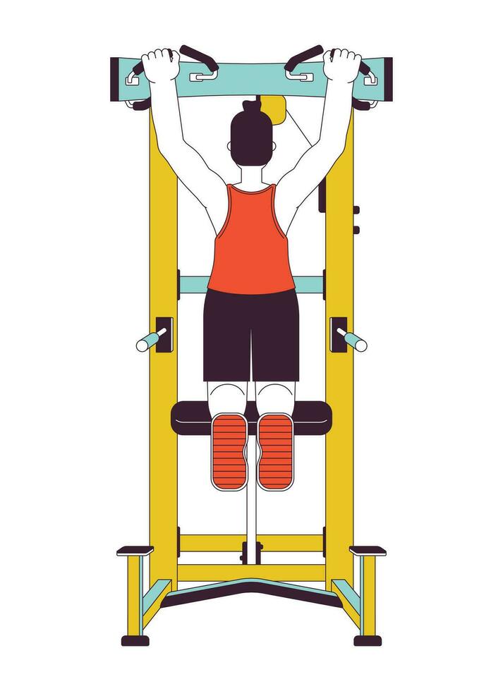 Man doing dead hangs on pull up machine flat line color vector character. Editable outline full body person on white. Stretching upper body simple cartoon spot illustration for web graphic design