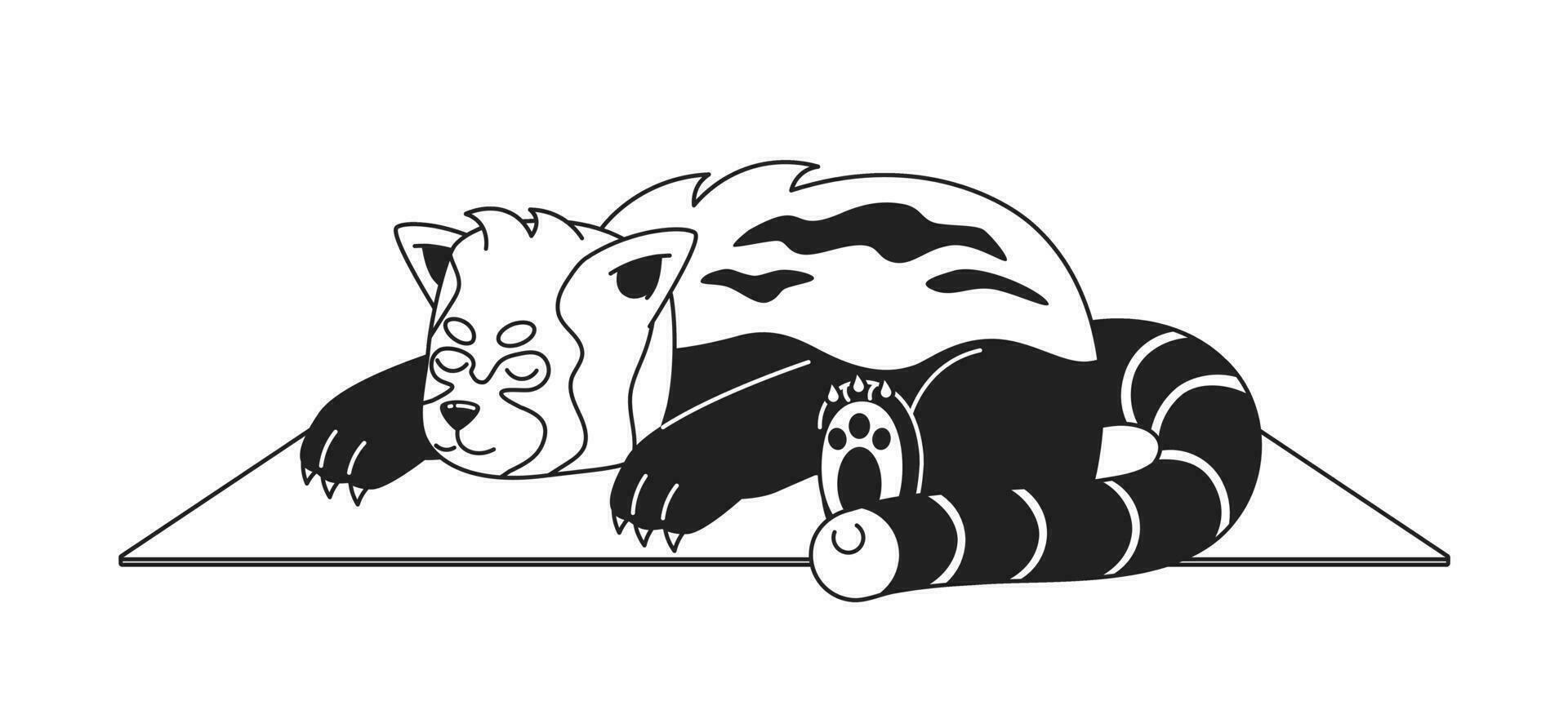 Sleeping red panda monochromatic flat vector character. Japanese bear. Relaxing on blanket. Editable thin line full body animal on white. Simple bw cartoon spot image for web graphic design