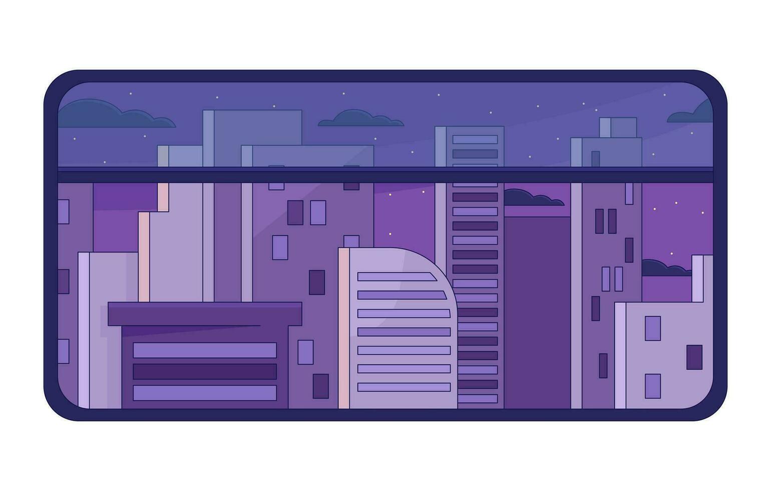 Night city chill lo fi background. Subway window view 2D vector cartoon cityscape illustration, purple lofi wallpaper desktop. Sunset aesthetic 90s retro art, dreamy vibes