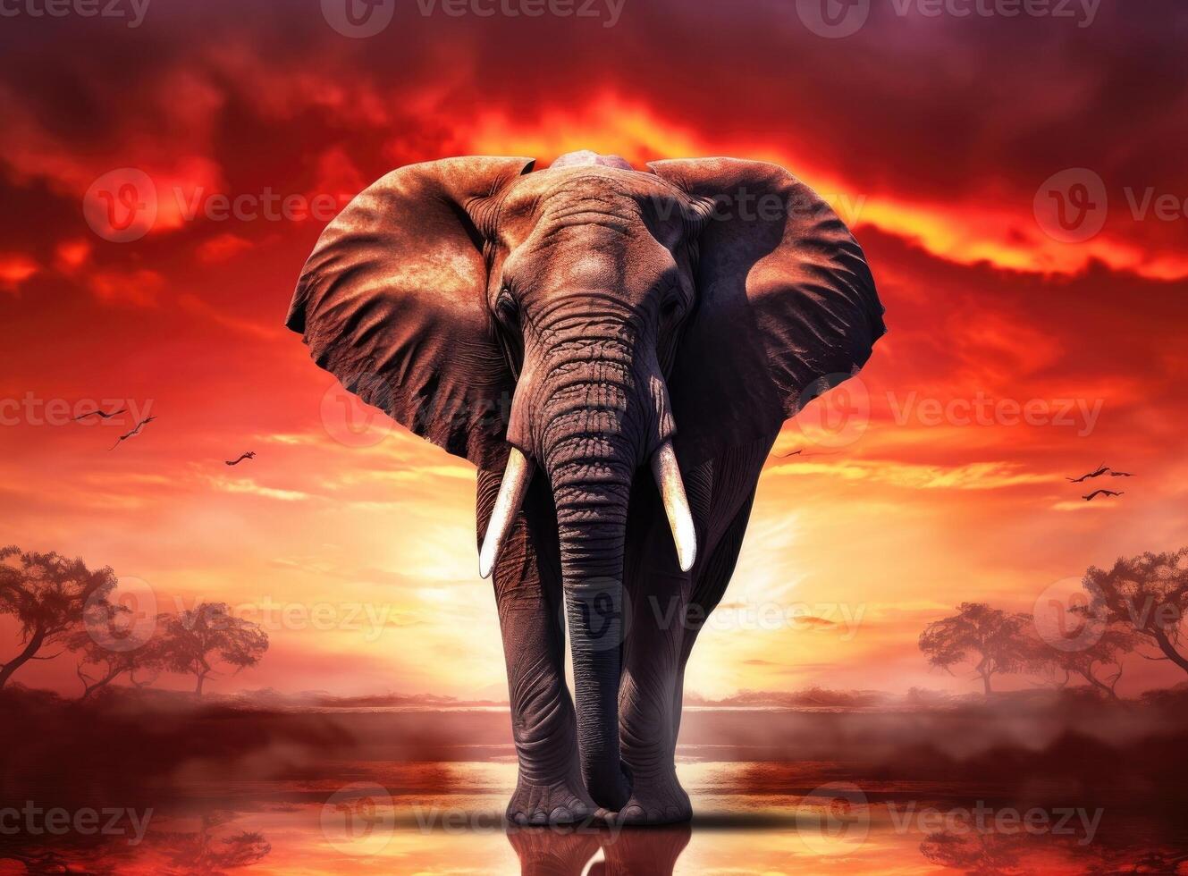 Elephant standing in front of intense sunset. Generative AI. photo