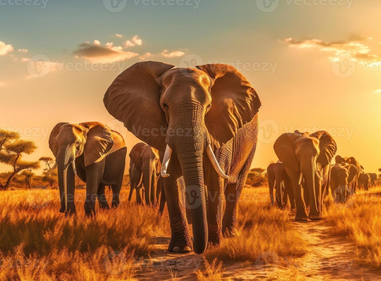 Elephant standing in front of intense sunset. Generative AI. photo