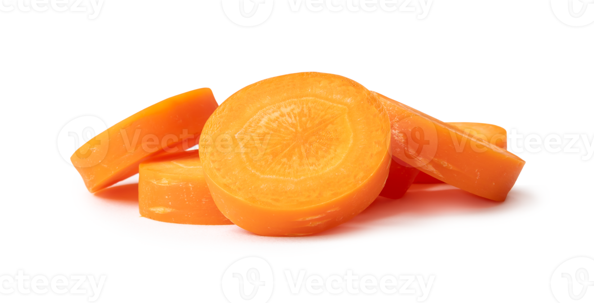 Fresh beautiful carrot slices in stack isolated with clipping path and shadow in png file format Front view.