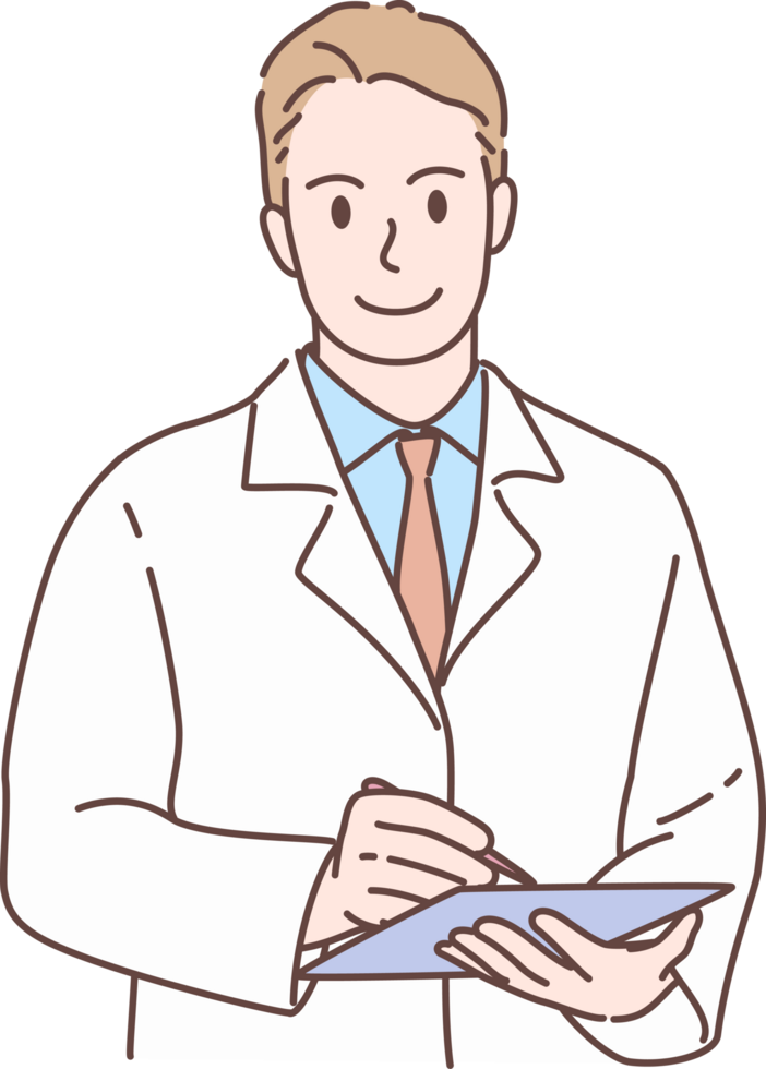 Professional young male doctor character Taking Notes To Clipboard for decoration. Hand drawn style png