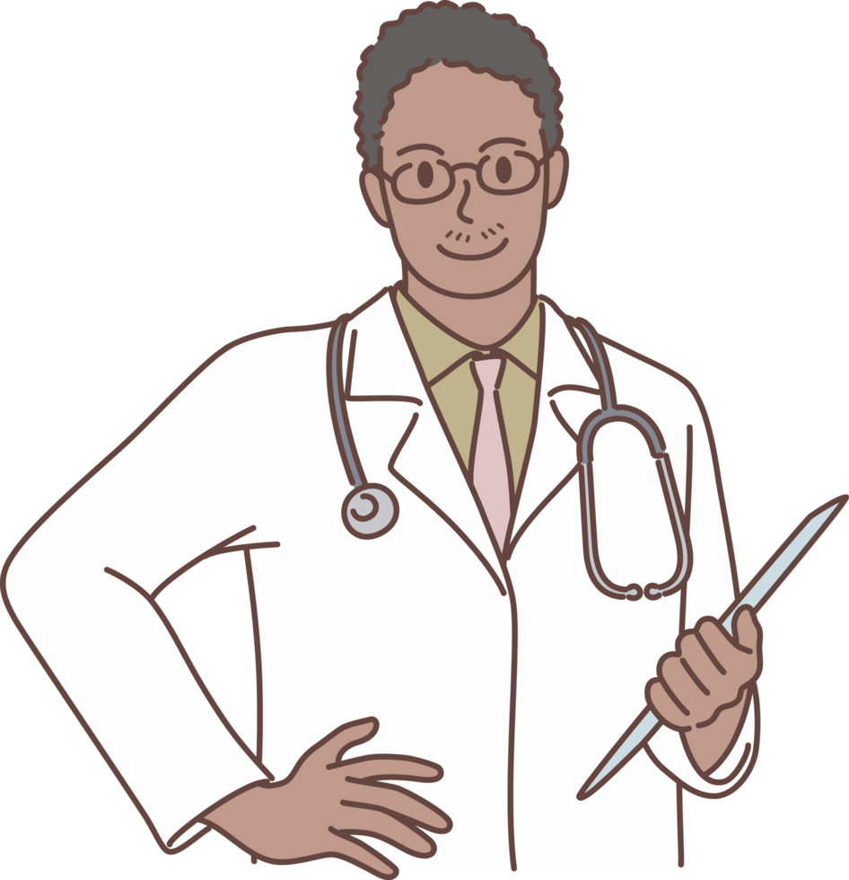 Professional young male doctor character Taking Notes To Clipboard for decoration. Hand drawn style png