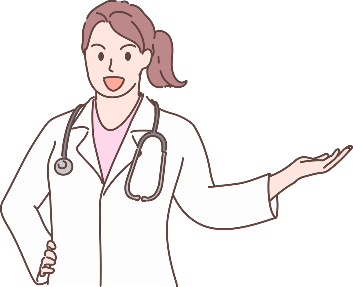 profissional jovem fêmea médico personagem mostrando, apontando e apresentando com mão para decoração. mão desenhado estilo. png