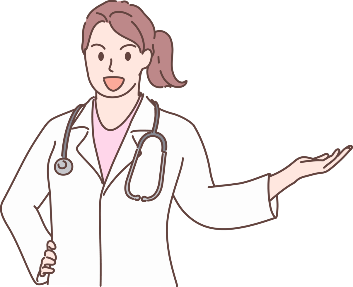 Professional young female doctor character showing, pointing and presenting with hand for decoration. Hand drawn style. png