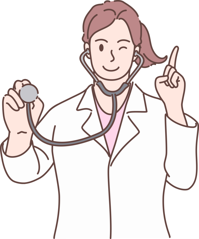 profesional joven hembra médico personaje demostración, señalando y presentación con mano para decoración. mano dibujado estilo png