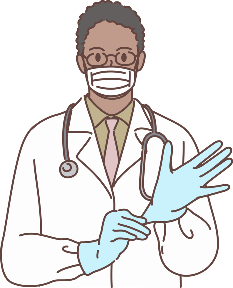 Professional young male doctor character puts on gloves and wearing medical mask for decoration. Hand drawn style png