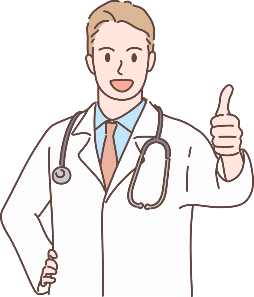 Professional young male doctor character with thumbs up hand, showing a successful operation for decoration. Hand drawn style. png