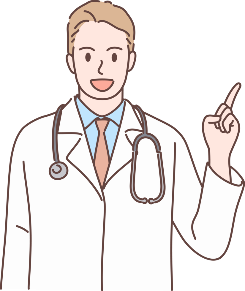 Professional young male doctor character showing, pointing and presenting with hand for decoration. Hand drawn style. png