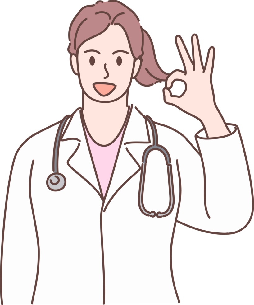 Professional young female doctor character showing the OK sign for decoration.  Hand drawn style. png