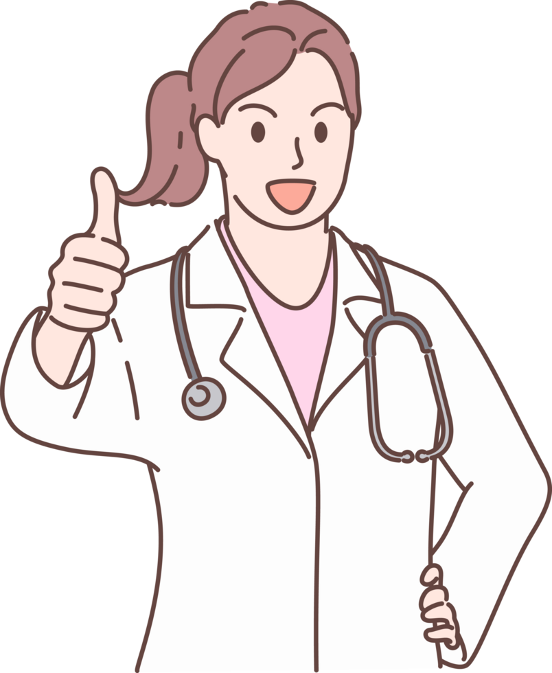 Professional young female doctor character with thumbs up hand, showing a successful operation for decoration. Hand drawn style png