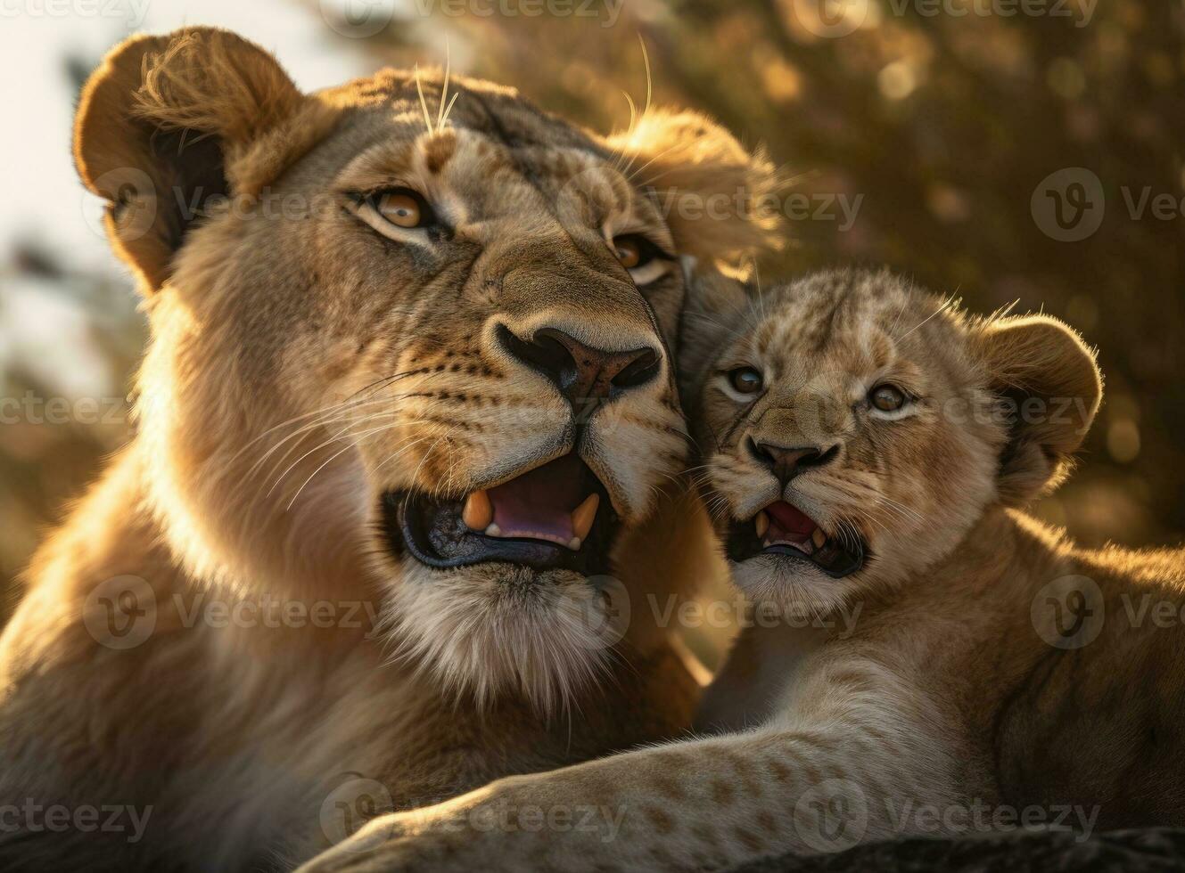 Mother and her cub relaxing on a plain. photo